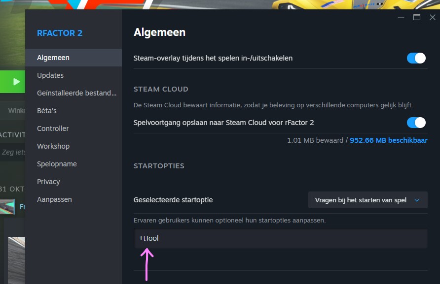 Steam Launch Options showing +tTool parameter